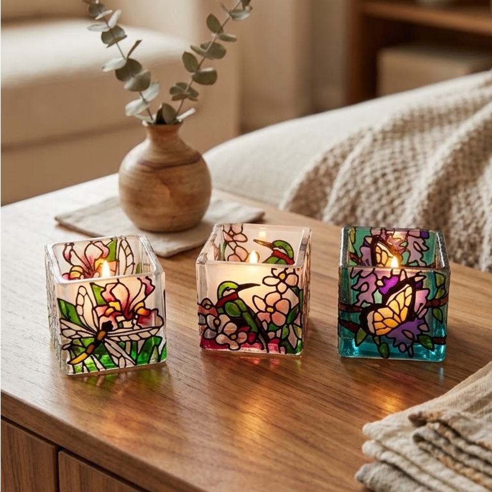 Hand Painted Joan Baker Designs Glass Candles ( set of 3)